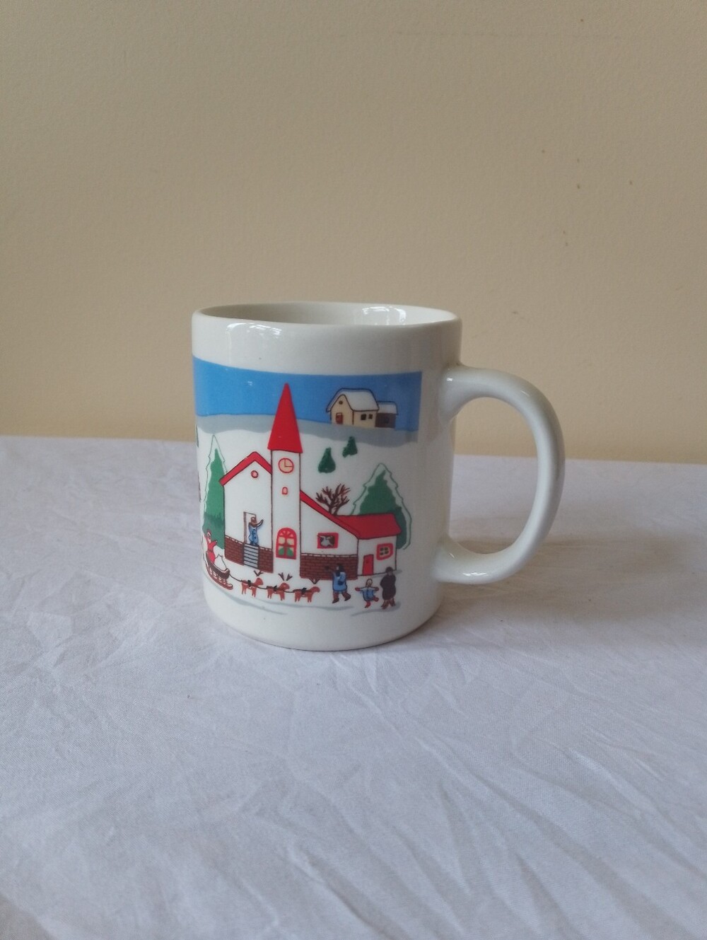 vintage Ceramic Mug with Winter Village Illustration
